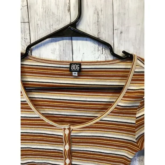 BDG Striped Ribbed Crop Top Y2K Long Sleeve Henley Brown Womens M - Picture 4 of 4